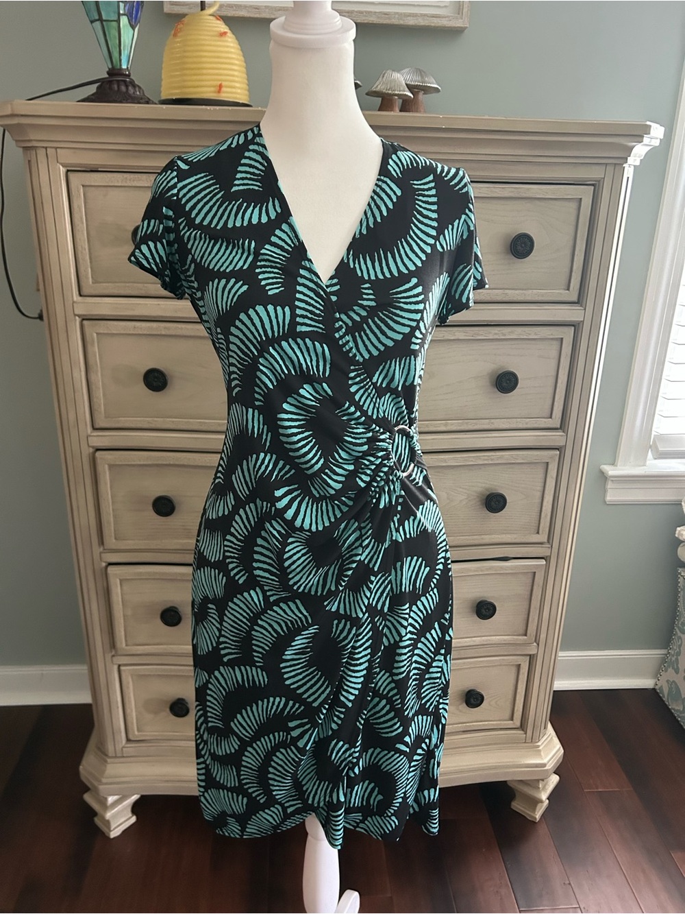 Glamour Black Midi Dress with Teal Fan Print